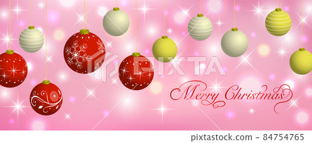 Horizontal Christmas illustration with red and golden Christmas balls lined up on a pink glitter background 84754765