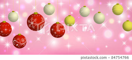 Horizontal illustration of red and golden Christmas balls lined up on a pink glitter background 84754766