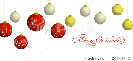 Horizontal Christmas illustration with red and golden Christmas balls lined up on a white background 84754767