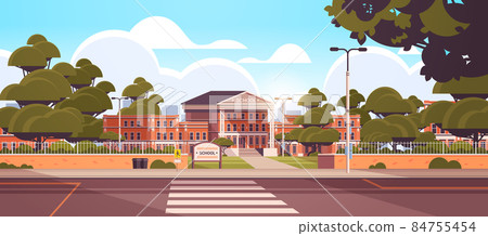 school building empty front yard with green trees road crosswalk summer cityscape background school building empty front yard with green trees road crosswalk summer cityscape background 84755454