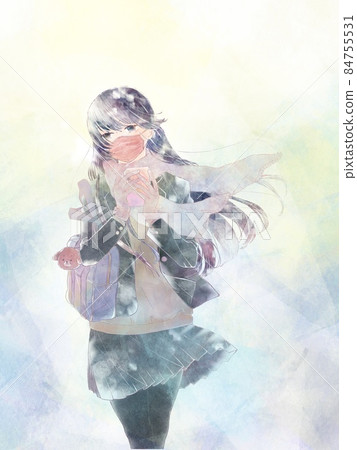 High school girl in a mask blown by the wind with a smartphone in her hand / Asahi style background High school girl in a mask blown by the wind with a smartphone in her hand / Asahi style background 84755531