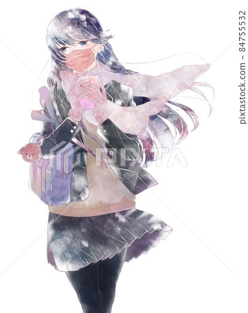 High school girl with a mask blown by the wind with a smartphone in her hand / normal High school girl with a mask blown by the wind with a smartphone in her hand / normal 84755532