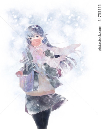 High school girl in a mask blown by the wind with a smartphone in her hand / snow background High school girl in a mask blown by the wind with a smartphone in her hand / snow background 84755533