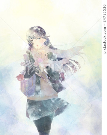High school girl blown by the wind with a smartphone / Asahi style background High school girl blown by the wind with a smartphone / Asahi style background 84755536