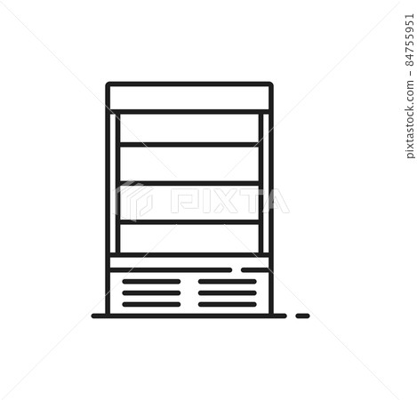 Showcase freezer isolated outline icon. Vector vertical fridge showcase with glass door, modern shop refrigerator. Freeze chest in grocery store, supermarket or cafe, industrial fridge, bar chiller 84755951