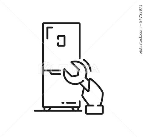 Refrigerator repair, wrench in hand isolated outline icon. Vector fridge and element of fix. Household appliance, freezer and cooling system repair by adjustable wrench, condenser replacing 84755973