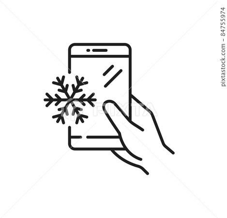 Smartphone in hand with snowflake on screen isolated monochrome icon. Vector mobile device with winter weather forecast. Gadget with snow flake, cellphone with message about snowfall, slipperiness Smartphone in hand with snowflake on screen isolated monochrome icon. Vector mobile device with winter weather forecast. Gadget with snow flake, cellphone with message about snowfall, slipperiness 84755974