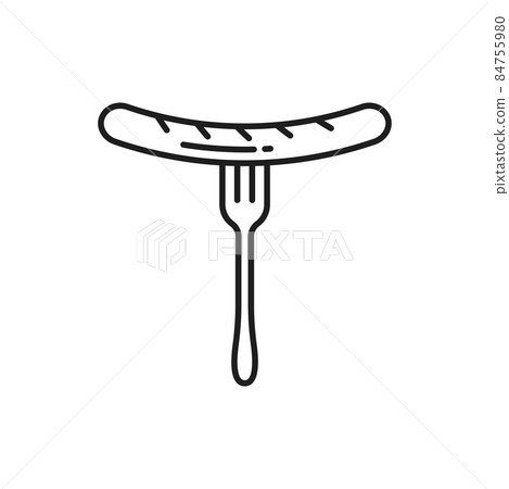German food snack isolated grilled hot sausage on fork thin line icon. Vector meat barbeque wurst, grilled fastfood. Roasted frankfurter or bratwurst on fork, chicken or meat, pork or veal dish German food snack isolated grilled hot sausage on fork thin line icon. Vector meat barbeque wurst, grilled fastfood. Roasted frankfurter or bratwurst on fork, chicken or meat, pork or veal dish 84755980