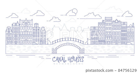 Amsterdam old style houses. Typical dutch canal homes lined up near a canal in the Netherlands. Building and facades on bridge. Vector outline illustration. 84756129