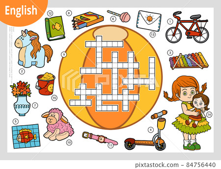 Vector crossword in English. Cartoon set of toys and objects for girl Vector crossword in English. Cartoon set of toys and objects for girl 84756440