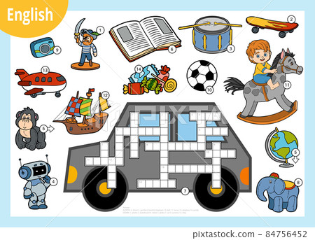 Vector colorful crossword in English, education game for kids. Cartoon set of toys and objects for boys 84756452