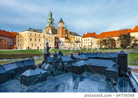 small model of the Royal Castle in Krakow with real buildings in the background, Braille system 84756566