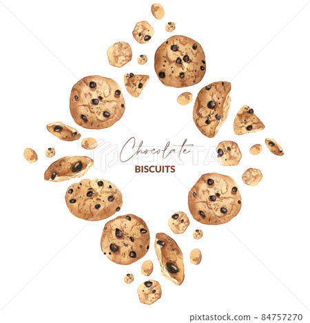Greeting card with chocolate cookies. Frame with hand drawn biscuits for label, menu and packaging design. Greeting card with chocolate cookies. Frame with hand drawn biscuits for label, menu and packaging design. 84757270
