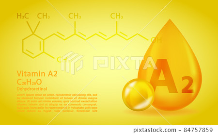 Realistic A2 Dehydroretinol Vitamin drop with structural chemical formula. 3D Vitamin molecule A2 Dehydroretinol design. Drop pill capsule. Realistic A2 Dehydroretinol Vitamin drop with structural chemical formula. 3D Vitamin molecule A2 Dehydroretinol design. Drop pill capsule. 84757859