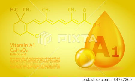 Realistic A1 Retinoic acid Vitamin drop with structural chemical formula. 3D Vitamin molecule A1 Retinoic acid design. Drop pill capsule. 84757860