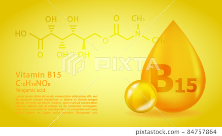 Realistic B15 Pangamic acid Vitamin drop with structural chemical formula. 3D Vitamin molecule B15 Pangamic acid design. Drop pill capsule. 84757864