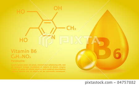 Realistic B6 Pyridoxine Vitamin drop with structural chemical formula. 3D Vitamin molecule B6 Pyridoxine design. Drop pill capsule. 84757882