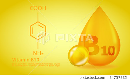 Realistic B10 4-Aminobenzoic acid Vitamin drop with structural chemical formula. 3D Vitamin molecule B10 4-Aminobenzoic acid design. Drop pill capsule. 84757885