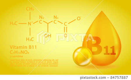 Realistic B11 L-carnitine Vitamin drop with structural chemical formula. 3D Vitamin molecule B11 L-carnitine design. Drop pill capsule. 84757887