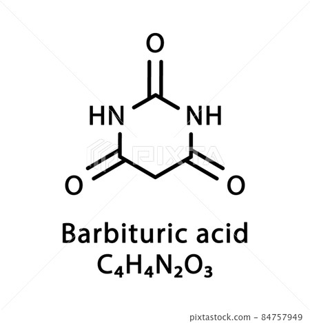 Barbituric acid molecular structure. Malonylurea, 6-hydroxyuracil skeletal chemical formula. Chemical molecular formula vector illustration 84757949