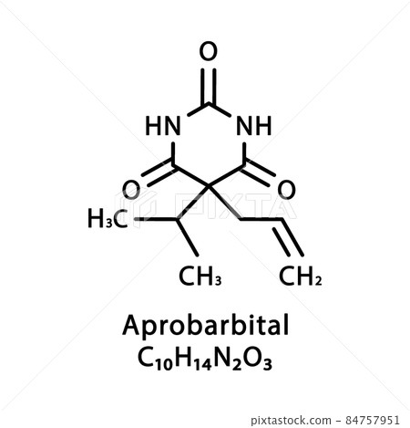 Aprobarbital molecular structure. Aprobarbitone skeletal chemical formula. Chemical molecular formula vector illustration Aprobarbital molecular structure. Aprobarbitone skeletal chemical formula. Chemical molecular formula vector illustration 84757951
