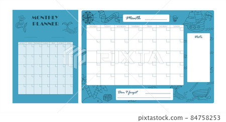 Vector set of weekly planner, to do list, note, background with doodle pirate print. School planner with doodle sketch. A map with a hand-drawn sketch of a mermaid ship and pirate items. Template for Vector set of weekly planner, to do list, note, background with doodle pirate print. School planner with doodle sketch. A map with a hand-drawn sketch of a mermaid ship and pirate items. Template for 84758253