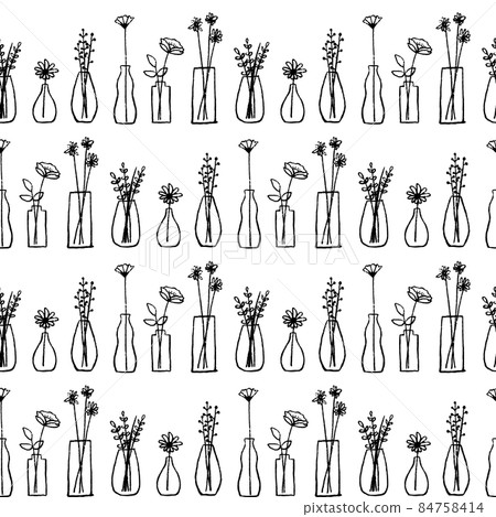 Seamless pattern of flower illustrations in a vase (white background, vector, transparency, line drawing) 84758414