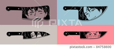 Set of Blades with Manga anime faces. Four various Knives with anime characters in Manga style. Reflection of male anime faces in a polished knife blade 84758600