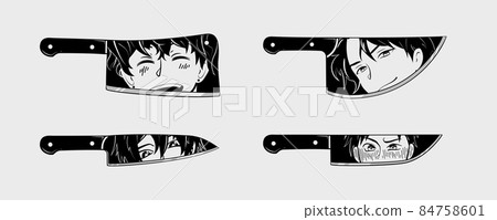 Set of Blades with Manga anime faces. Four various Knives with anime characters in Manga style. Reflection of male anime faces in a polished knife blade 84758601