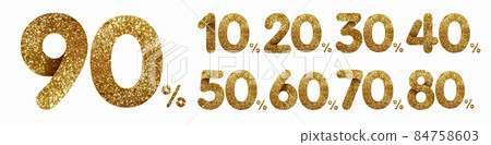 Set of golden glitter discount numbers 90, 80, 70, 60, 50, 40, 30, 20 and 10 percent for sale and discount offers. Isolated on white background Set of golden glitter discount numbers 90, 80, 70, 60, 50, 40, 30, 20 and 10 percent for sale and discount offers. Isolated on white background 84758603