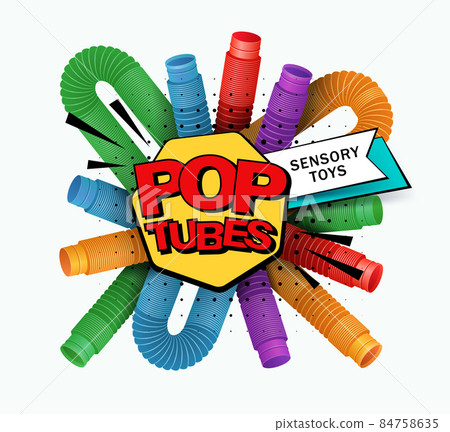 Banner with colorful anti stress sensory pop tube plastic toy. Fashionable modern sensory toy of 2021. Vector illustration Banner with colorful anti stress sensory pop tube plastic toy. Fashionable modern sensory toy of 2021. Vector illustration 84758635