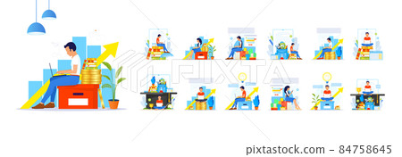 Set with men and women taking part in business activities. People in different Business scenes in modern flat style 84758645
