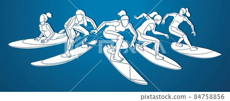 Women Surfer Action Surfing Sport Players Cartoon Graphic Vector Women Surfer Action Surfing Sport Players Cartoon Graphic Vector 84758856