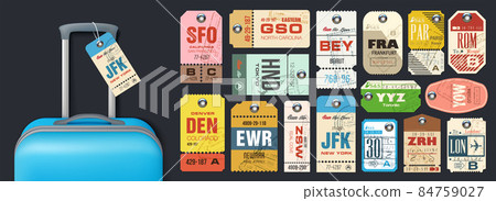 Big set or Retro travel luggage labels, airline tags and baggage tickets. Collection vintage luggage tags. 84759027