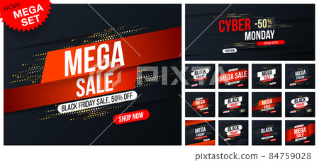 Big set of Mega sale banners with gold halftone glitter effect for special offers, sales and discounts on shopping day  Black Friday. Promotion and shopping template for Black Friday 84759028