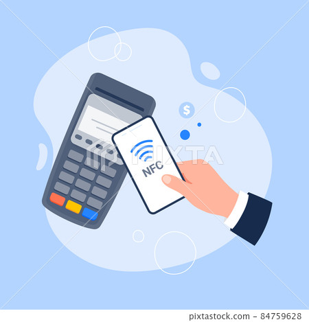 POS terminal with smartphone and credit card. Contactless payment by smartphone, near-field communication protocol, and e-payment. Vector flat illustration. POS terminal with smartphone and credit card. Contactless payment by smartphone, near-field communication protocol, and e-payment. Vector flat illustration. 84759628
