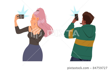 People in fashionable outfit making selfie with smartphone set. Man and woman using modern gadgets vector illustration People in fashionable outfit making selfie with smartphone set. Man and woman using modern gadgets vector illustration 84759727