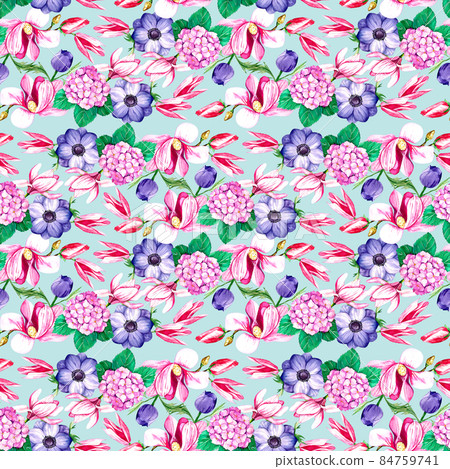 Watercolor pattern with magnolias, hydrangeas, anemones on a blue background 9 84759741