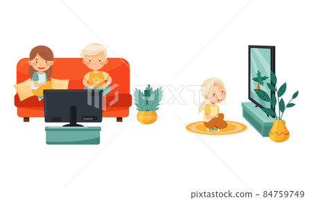 Cute preschool kids sitting on floor and sofa and watching TV, child leisure concept vector illustration 84759749