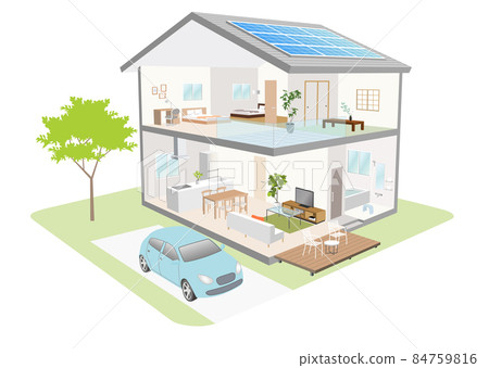 兩層樓房屋的鳥瞰圖 太陽能電池板 兩層樓房屋的鳥瞰圖 太陽能電池板 84759816