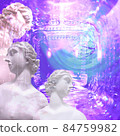 Contemporary collage. Sculptures of women on an abstract glowing neon background. 84759982