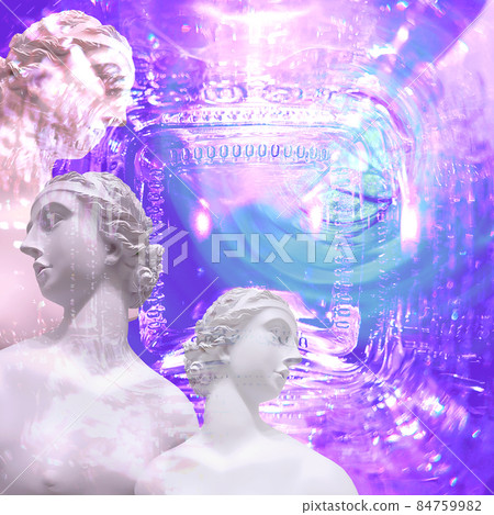 Contemporary collage. Sculptures of women on an abstract glowing neon background. 84759982