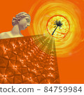 Contemporary collage. Sculpture of a woman, sun and palm on an abstract orange background. 84759984