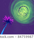 Contemporary collage. Palm tree of neon color on an abstract background with a shining planet. 84759987