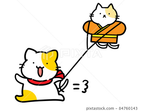 Handwritten style illustration of a cute cat character playing with a kite Handwritten style illustration of a cute cat character playing with a kite 84760143