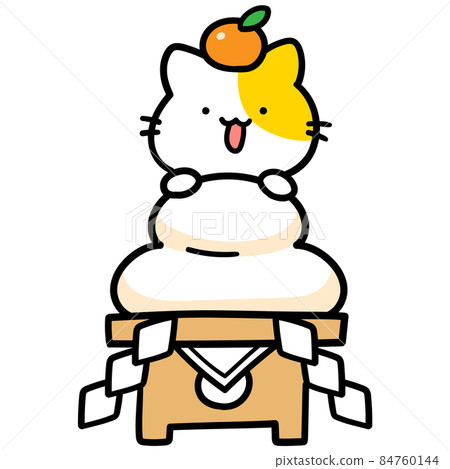 Handwritten style illustration of a cute cat character riding on Kagami mochi Handwritten style illustration of a cute cat character riding on Kagami mochi 84760144