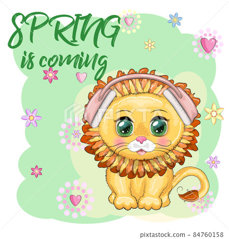 Cute cartoon Lion with headphones, listens to music, note, treble clef 84760158