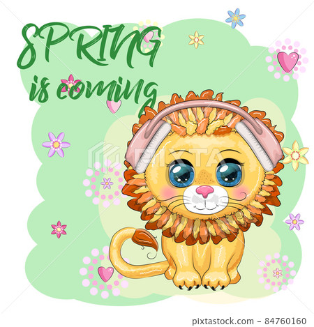 Cute cartoon Lion with headphones, listens to music, note, treble clef 84760160