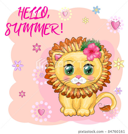 Cute little lion with wreath of hawaii flowers. Cartoon illustration. Beach with a palm tree, summer is coming card 84760161