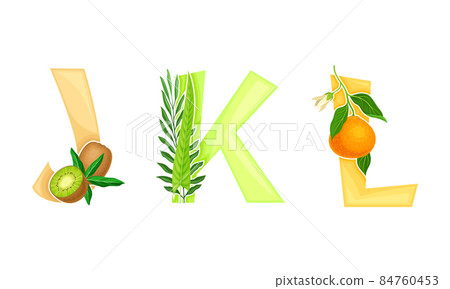 J,K,L letters of English alphabet with exotic fruit and palm leaves vector illustration J,K,L letters of English alphabet with exotic fruit and palm leaves vector illustration 84760453